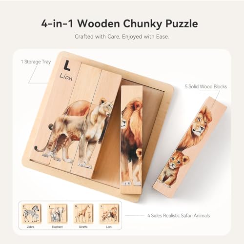IEATFO 4 in 1 Wooden Animal Chunky Puzzle, 5 Solid Wood Puzzle Blocks with 4 Sides Realistic Safari Animals, Wooden Block Puzzle with Durable Base for Toddlers 3+ Years - Montessori Inspired - style: 4 in 1 (Safari)
