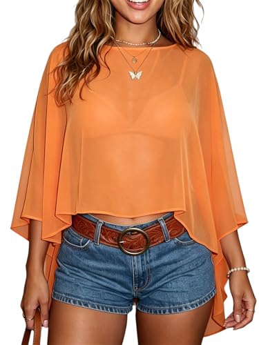 Women Chiffon Cape Shawls and Warps for Evening Dress Wedding Sheer Mesh Flowy Capelets Top - color: A-orange, size: Small