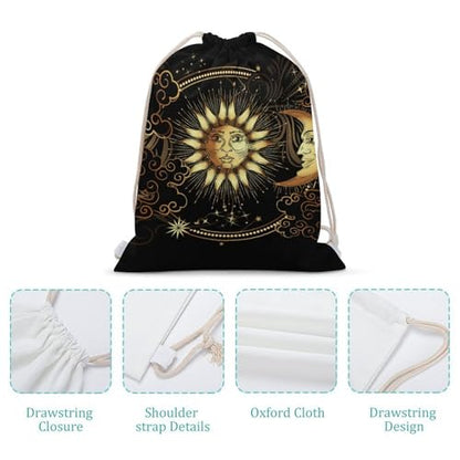 Sun Crescent Moon Stars Astrology Tarot Cards Portable Canvas Drawstring Backpack with Drawstring Pockets 35x50cm - color: Sun Crescent Moon Stars Astrology Tarot Cards, size: 35x50cm