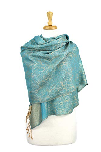 PASKMLNA Paisley Jacquard Pashmina Shawl Wrap Scarf Stole - color: Aqua Camel