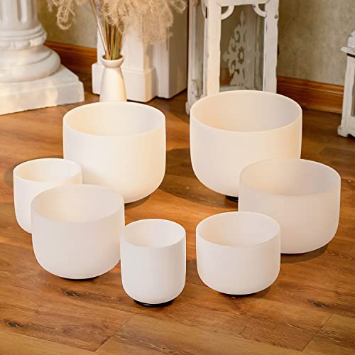 KVKA 6-12 Inch 440hz Crystal Singing Bowls Set of 7pcs White with Carrying Cases, Meditation,Yoga