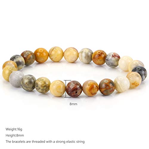 Natural Gemstones Bracelet 8mm Chakra Round Beads Energy Power Crystal Reiki Healing Elastic Stretch 7 Inch for Women Men Unisex - color: Crazy Agate