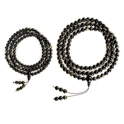 Tibetan Natural Black Obsidian Mala Beads 108, Buddhist Prayer Beads Japamala, Protection Crystal Beaded Tourmaline Bracelets, Meditation Golden Sheen Gemstone Necklace for Women Men - size: 6mm