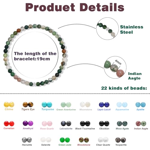 Raicegs 4 6 8MM Beaded Bracelets Healing Crystal Bracelet for Women Men Natural Stone Handmade Stretch Bracelet Reiki Spiritual Jewelry - color: Indian Agate, size: 4mm