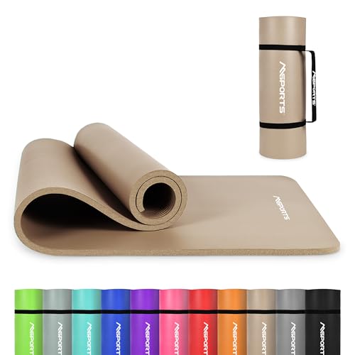 MSPORTS Yoga Mat Premium Non Slip Thick – Extra Comfortable Exercise Mat for Home Workouts, Pilates, Stretching & Gym – Cushioned NBR Foam, Gym Mat with Strap, for Women & Men - color: Beige, size: 74.5 x 32 x 0.6 in