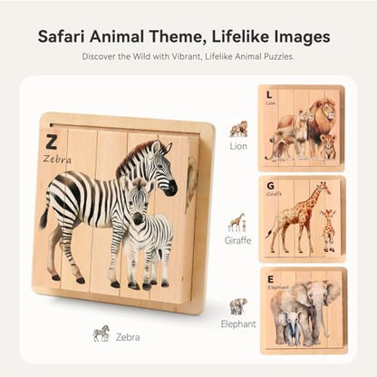 IEATFO 4 in 1 Wooden Animal Chunky Puzzle, 5 Solid Wood Puzzle Blocks with 4 Sides Realistic Safari Animals, Wooden Block Puzzle with Durable Base for Toddlers 3+ Years - Montessori Inspired - style: 4 in 1 (Safari)
