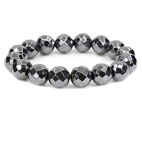 Keleny Natural Gem Semi Precious Gemstones 14mm Round Beads Crystal Stretch Bracelets 7 Inch Unisex - color: Faceted Black Hematite