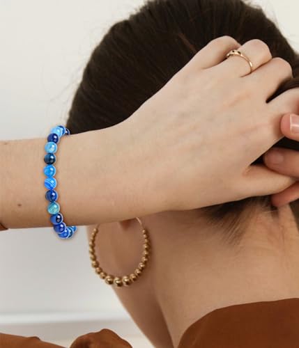 BOMAIL Natural Stone Bracelet for Women Men - 8MM Semi-Precious Gemstone Beaded Bracelet Healing Crystal Stretch Bracelet Yoga Bracelets Jewelry - color: Agate