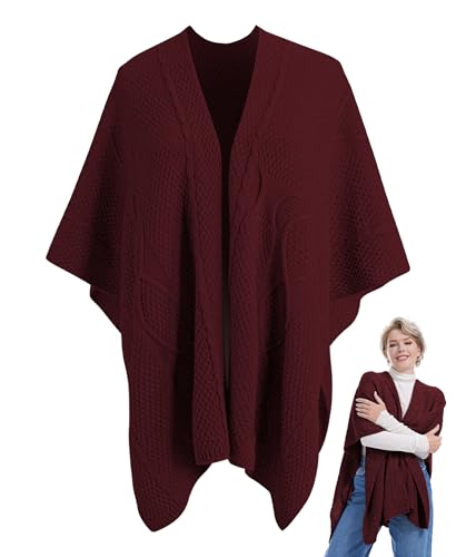 MissShorthair Knit Shawl Wraps for Women Boho Crochet Shawls Cape Open Front Cardigan - color: Burgundy
