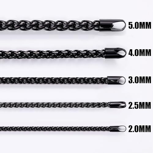 Fiusem Black Wheat Chains for Men and Women, 2/2.5/3/4/5mm Stainless Steel Necklace Chain, Mens Necklace Jewelry Gift 16-28 Inch - size: 20 Inches, style: Black 3MM