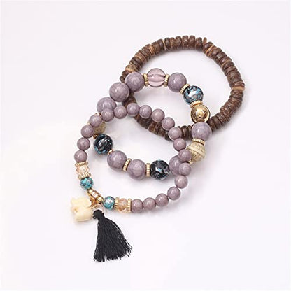 Bohemian Stackable Wood Wooden Beads Elephant Charm Tassel Stretchy Bracelet Set for Women Men Multilayered Multicolor Acrylic Resin Seeds Bracelet Ethnic Jewelry Gift - color: D black