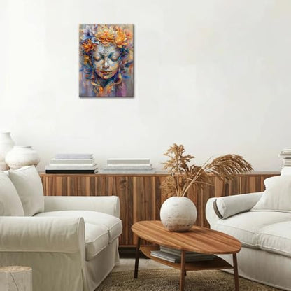 Lotus Flower Wall Art Buddha Canvas Wall Art Flower Blossom Buddha Painting Zen Print Picture on Purple for Yoga Meditation Room Bedroom Framed and Ready to Hang 12"x16" - size: 16"L x 12"W