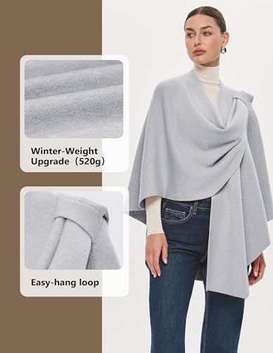 PULI Womens Large Cross Front Poncho Sweater Wrap Topper Knitted Elegant Shawls Cape for Fall Winter - color: Extra Warm Heather Grey