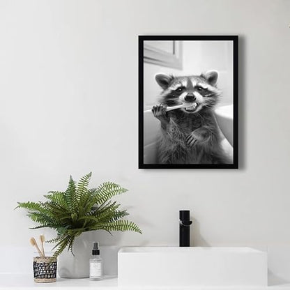 SYWENNOI Framed Black and White Bathroom Canvas Wall Art, Funny Raccoon Brushing Teeth Wall Decor, Farmhouse Humor Animal Art Prints for Restroom Decoration Ready to Hang 16x24 Inches