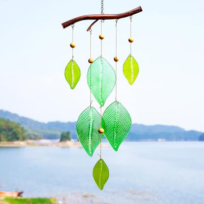 Glass Wind Chimes for Outside,Unique Handmade Windchimes Outdoors with Stained Glass Leaves for Home Window Garden Yard Patio Decor Ornament for Christmas Tree,Green 20"