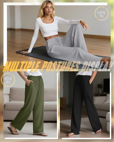 3 Pack Women's Lounge Pants Cozy Wide Leg Yoga Pants Casual Drawstring Loose Baggy Sweatpants with Pockets - color: Black, Light Heather Gray, Army Green, size: Medium