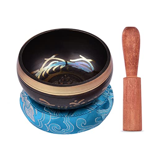 Tibetan Singing Bowl Set with 8.5cm/3.3inch Handmade Metal Sound Bowl & Soft Cushion(Random Color delivery) & Wooden r for Meditation Sound Chakra Healing Yoga Relaxation