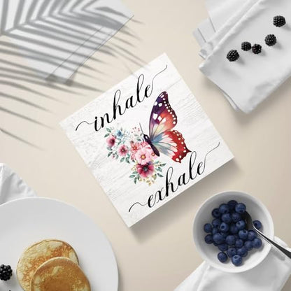 Inhale Exhale Wooden Sign Desk Decor, Funny Butterflies Wood Box Sign Décor for Home Office Farmhouse Bedroom, Yoga Spa Room Decor, Inspirational Gifts for Women Friend Coworker - style: Modern