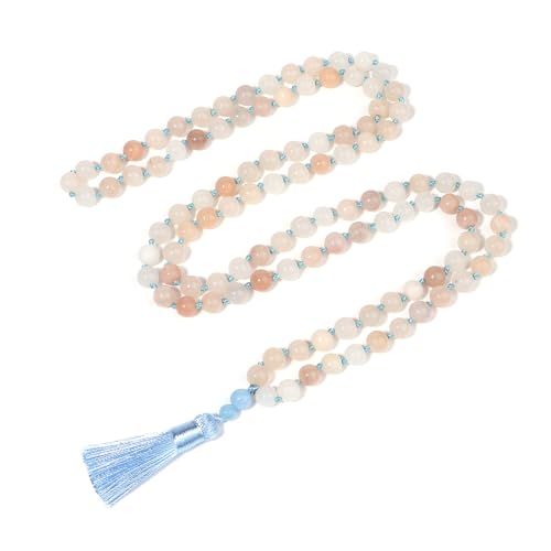 8MM Beads Chakra Long Mala Necklace Natural Stone Meditation Statement Necklace Japa Yoga Buddhist Rosary Prayer Charm Beaded Tassel Necklace - color: Pink Aventurine
