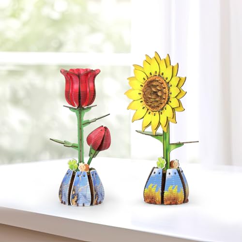 Jege 3D Flowers Wooden Puzzles for Adults,DIY Wooden 2 Flowers per Kit Building Model Set for Home Decor,Ideal Creative Craft Gift Build Kits Toys with 2 Perfume Bottles (Rose + Sun Flower) - color: Rose&sun Flower