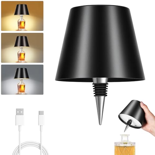 Rechargeable Wireless Bottle Lamp - 3 Color Stepless Dimmable, Metallic Black Lampshade, 5H Bright Light or 48H Soft Glow,Ideal for Home Décor, Parties, Bar - color: Black 5H Runtime