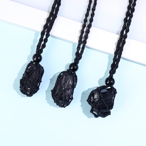 Natural unprocessed crystal raw stone hand woven rope adjustable necklace pendant for both men and women - color: C-3pcs Tourmaline