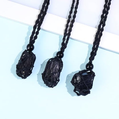 Natural unprocessed crystal raw stone hand woven rope adjustable necklace pendant for both men and women - color: C-3pcs Tourmaline
