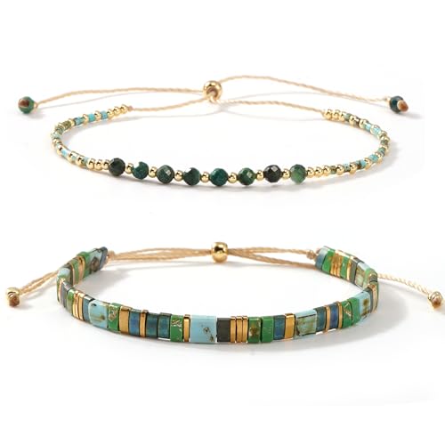 Tila Flat Beaded Stretch Bracelets for Women Stackable Gold Colorful Seed Beads Boho Bracelet Stack Adjustable Rope String Friendship Jewelry Trendy Holiday Gift - color: turquoise