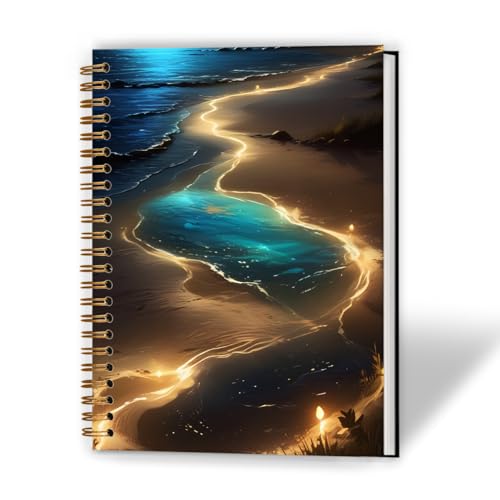 XUNLURY Blue and Gold Beach Notebook, Mystical Celestial Coastal Ocean Journal, Whimsical Beach Journal, Nature Lover Gifts Hardcover Spiral Notebooks, 5.5x8.3 Inch - color: Color_13