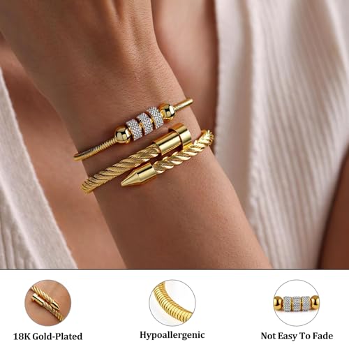 2PCS 18K Gold Plated Nail Bangle & Chain Bracelet Set for Women, Adjustable Stackable Bangle Jewelry, Dainty Gold Bracelet Gift for Women - color: Set D-zirconia
