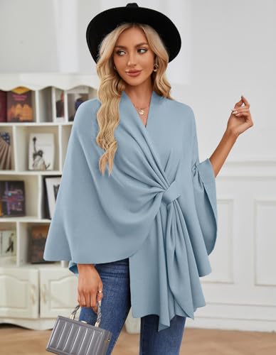 PULI Women's Elegant Shawl Wraps Soft Open Front Poncho Sweater for Spring Fall Winter - color: Front Tab-blue