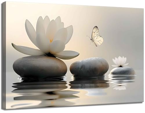 Large Zen White Lotus Canvas Wall Art Bathroom Decor Painting Pictures Living Room Meditation Spa Posters Prints for Modern Spiritual Yoga Bedroom Decoration Ready to Hang - color: Canvas, size: 36"L x 24"W