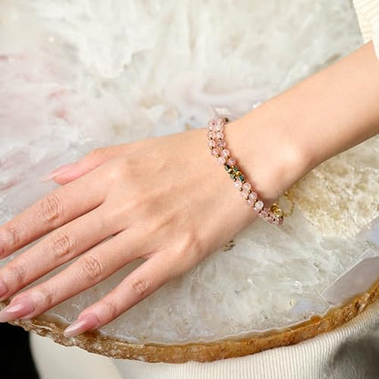Farfume Beaded Bracelets for Women, Chakra Crystal 4mm Beads Gemstone Natural Stone Bead Spiritual Jewelry Gifts for Women - color: Strawberry Quartz-Love & Warmth