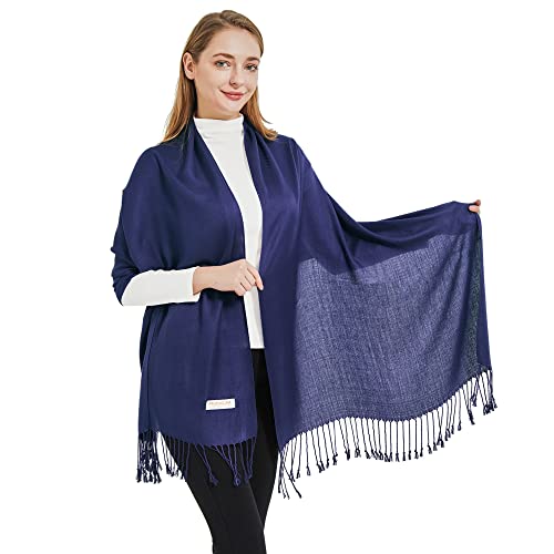 Soft Silky Pashmina Shawl Wraps Solid Colors Scarf for Wedding Evening Dresses - color: H-navy