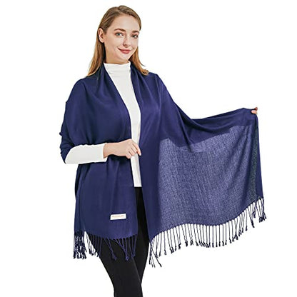Soft Silky Pashmina Shawl Wraps Solid Colors Scarf for Wedding Evening Dresses - color: H-navy