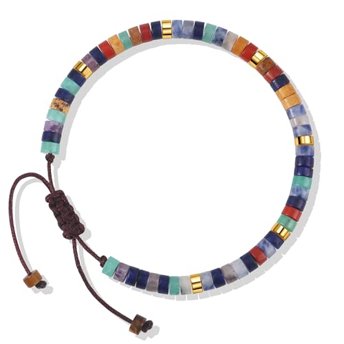 CASDAN Natural Crystal Beaded Bracelet for Women Natural Stone Adjustable Braided Rope Bracelets Spiritual Bracelet Inspirational Gifts - color: 7 Chakras