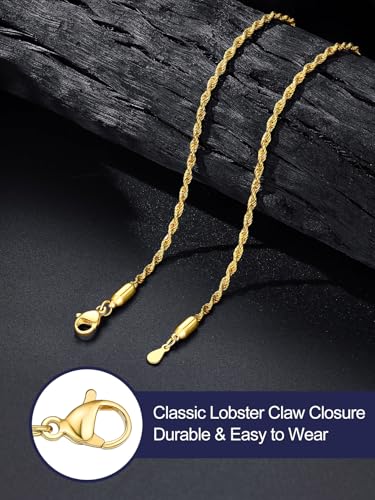 Bandmax Solid 1.5mm/2mm/3mm/6mm Rope Chains for Men Women 14K Gold Plated/Black Plated Stainless Steel Twist Chain 16-30 Inches, with Gift Box - color: 05 2MM Gold Plated