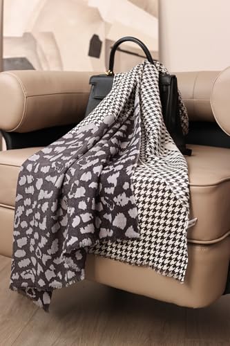 Cashmere-soft Mercerized wool Shawl Pashmina Lightweight Travel Wrap & Evening Scarf |Office |Wedding - color: Thousand Bird Check + Leopard Graphite Color