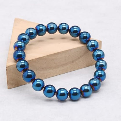 Justinstones Gem Semi Precious Gemstone 10mm Round Beads Stretch Bracelet 7 Inch Unisex - color: Metallic Blue Coated Hematite