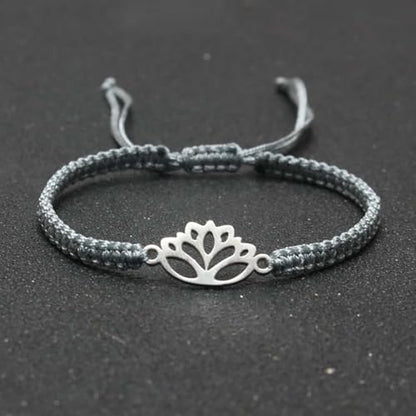 Lotus Symbol Bracelet for Women - Adjustable Cord, Silver Pendant, Spiritual Jewelry Gift - style: Slate Gray
