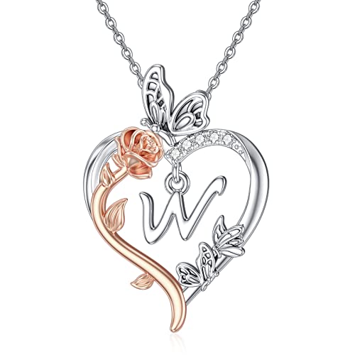 TOUPOP Gifts for Women Her 925 Sterling Silver Rose Heart Initial Necklace Butterfly Heart Jewelry Anniversary Birthday Gifts for Wife Girlfriend Mom - color: W Initial