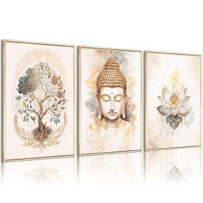 Lhoiplme Zen Wall Art Decor Buddha Lotus Flower Artwork Tree of Life Canvas Painting Yoga Meditation Studio Wall Art Mindfulness Spiritual Energy Poster for Living Room Bedroom 8x10x3 Inch Unframed