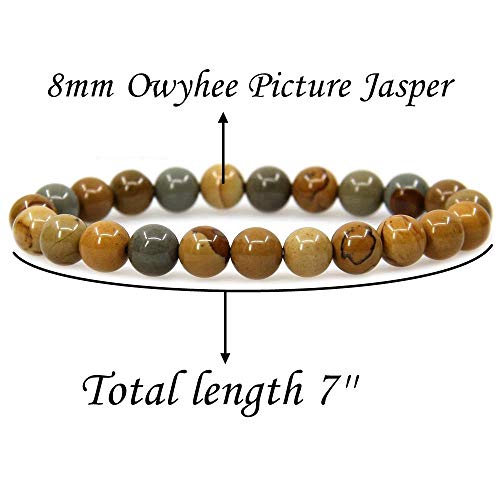 Angelstones Handmade Natural Healing Gemstone 8mm Round Beads Stretch Crystal Bracelet 7 Inch Unisex - color: Owyhee Picture Jasper