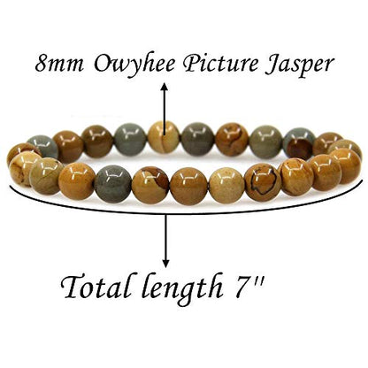 Angelstones Handmade Natural Healing Gemstone 8mm Round Beads Stretch Crystal Bracelet 7 Inch Unisex - color: Owyhee Picture Jasper
