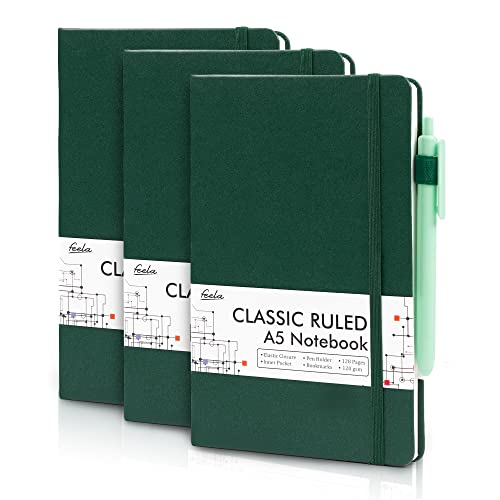 feela 3 Pack Notebooks Journals Bulk with 3 Black Pens, A5 Hardcover Notebook Classic Ruled Lined Journal Set with Pen Holder for Work Business Journaling Note Taking, 120 GSM, 5.1”x8.3”, Dark Green - color: 3 Pack green
