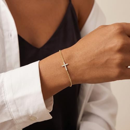 3mm Diamond Classic Tennis Bracelet for Women Dainty, Gold Jesus Cross Bracelets Trendy, 14K Gold Plated Heart/Evil Eye/Pearl/Starfish & Seashell Charm Bracelets for Women Bulk - style: CZ Cross-Gold