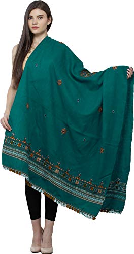 Exotic India Women's Pure Wool Shawl from Kutch with Central Embroidered Chakra and Mirrors Ethnic Design Stole, Scarves - color: Alpine Green