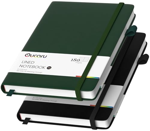 Oucaru Lined Journal Notebook, 2 Pack, 180 Pages, A5 Journals for Writing, 100 GSM Thick Paper, Small Notebooks Daily Journal for Women Men Work, Business, School, Travel Supplies - color: Black & Forest Green, size: 2 Pack