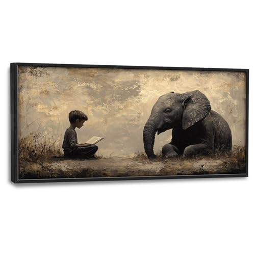 Elephant Large Wall Art Boy Reading Pictures Wall Decor Animal Canvas Elephant Print Painting Modern Artwork Home Decoration for Living Room Bathroom Bedroom Office Framed 60"x30" - color: Boy Elephant, size: 60"L x 30"W