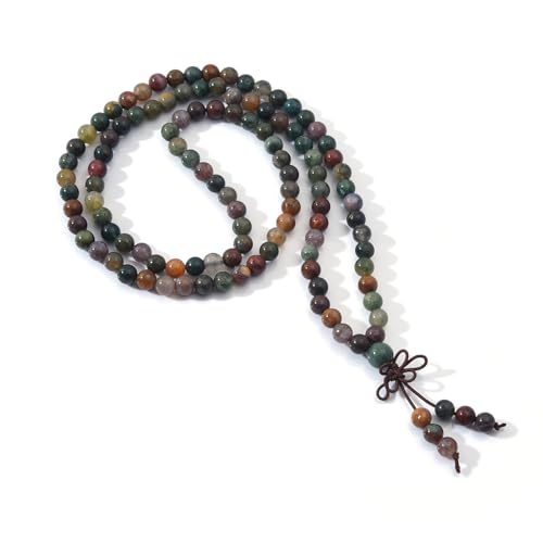 108 Mala Prayer Beads Bracelet 6mm Genuine Gemstone Healing Crystal Stone Beaded Bracelet Buddhist Tibetan Handmade Knotted Elastic Necklace for Yoga Meditation Unisex Women Men - color: Indian Agate